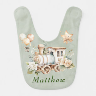 Sage Floral Train Boy Baby Shower Custom Gift Baby Bib
