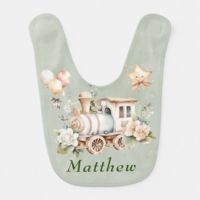Sage Floral Train Boy Baby Shower Custom Gift  Bib (Front)