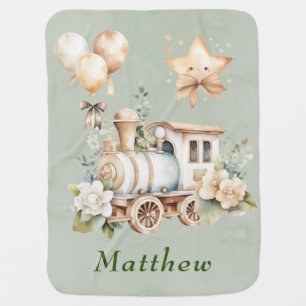 Sage Floral Train Boy Baby Shower Gift Blanket