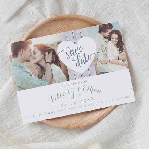 Sage Floral Wood Photo Wedding Save The Date Card