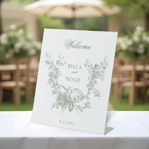 Sage Floral Wreath w/Lovebirds Wedding Welcome Pedestal Sign