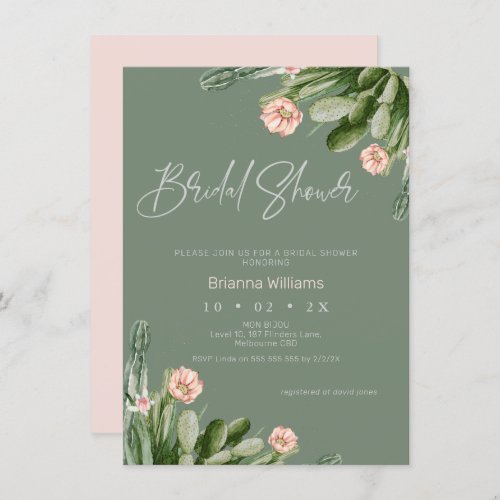 Sage Flowering Cactus Calligraphy Bridal Shower Invitation