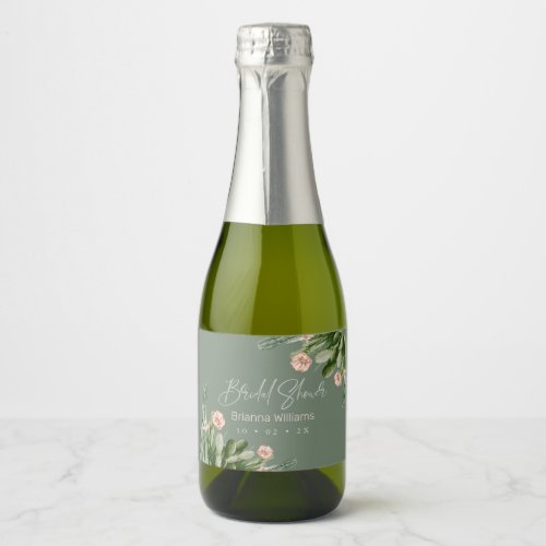 Sage Flowering Cactus Calligraphy Bridal Shower Sparkling Wine Label