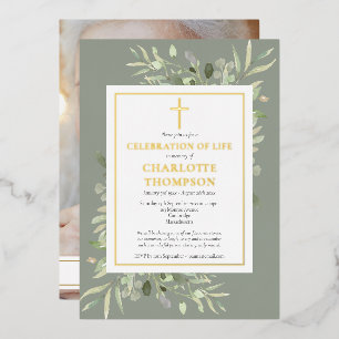 Sage Foliage Christian Celebration of Life Photo Foil Invitation