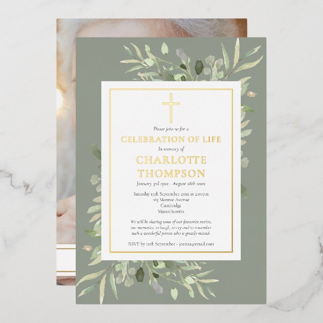 Sage Foliage Christian Celebration of Life Photo Foil Invitation (Front/Back)
