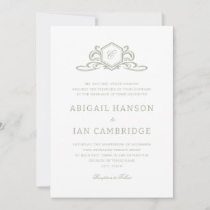 Sage Formal Crest Monogram Elegant Wedding Invitation