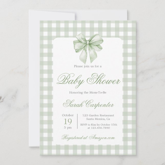 Sage Gingham and Bow Baby Shower Invitation (Front)