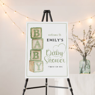 Sage Gingham Baby Blocks Welcome Baby Shower Sign