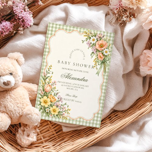 Sage Gingham Baby in Bloom Baby Shower Invitation