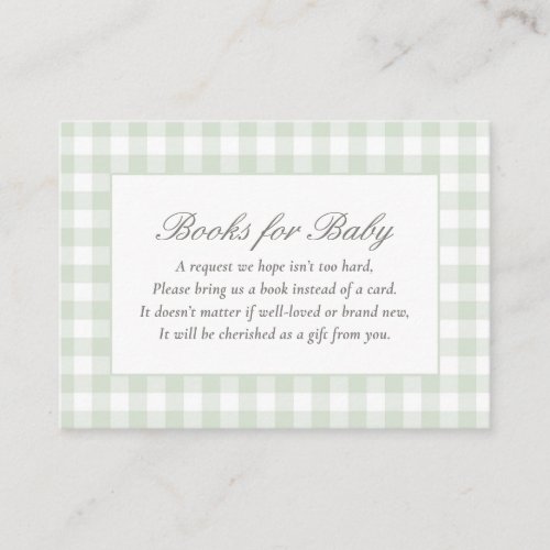 Sage Gingham Baby Shower Books for Baby Enclosure Card