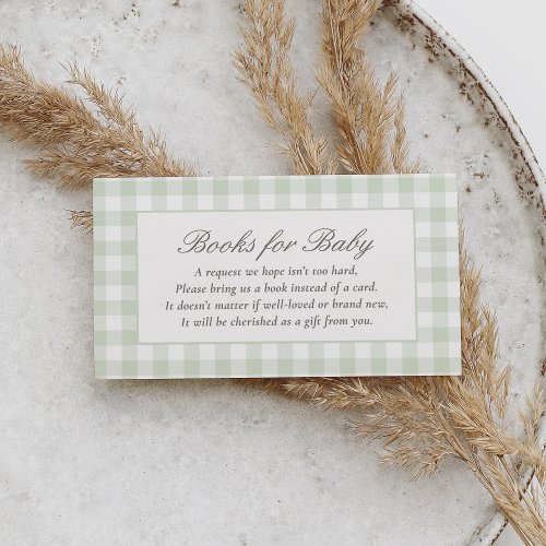Sage Gingham Baby Shower Books for Baby Enclosure Card