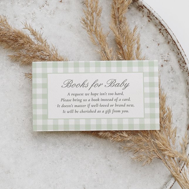 Sage Gingham Baby Shower Books for Baby Enclosure Card (Creator Uploaded)