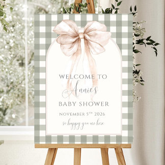 Sage Gingham Baby Shower Welcome Sign with Bow Edi