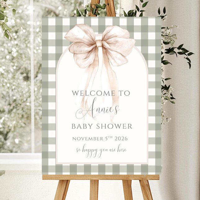 Sage Gingham Baby Shower Welcome Sign with Bow Edi (Creator Uploaded)