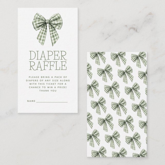 Sage Gingham Bow Diaper Raffle Baby Shower Enclosure Card (Front/Back)