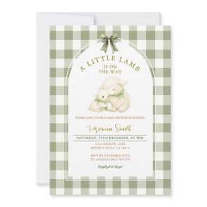 Sage Gingham Bow Little Lamb Baby Shower  Invitation