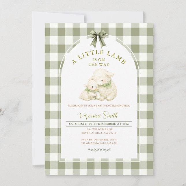 Sage Gingham Bow Little Lamb Baby Shower  Invitation (Front)