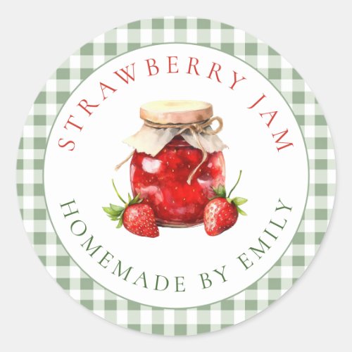 Sage Gingham Bridal Shower Strawberry Jam Favor Classic Round Sticker
