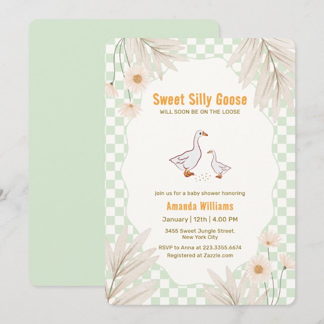 Sage Gingham Daisy Boho Silly Goose Baby Shower Invitation (Front/Back)