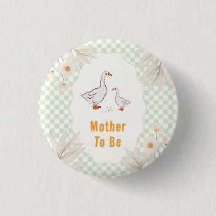 Sage Gingham Daisy Goose Mother To Be Baby Shower Button