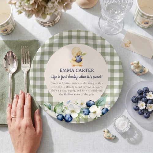 Sage Gingham Duckling Baby Shower Paper Plates