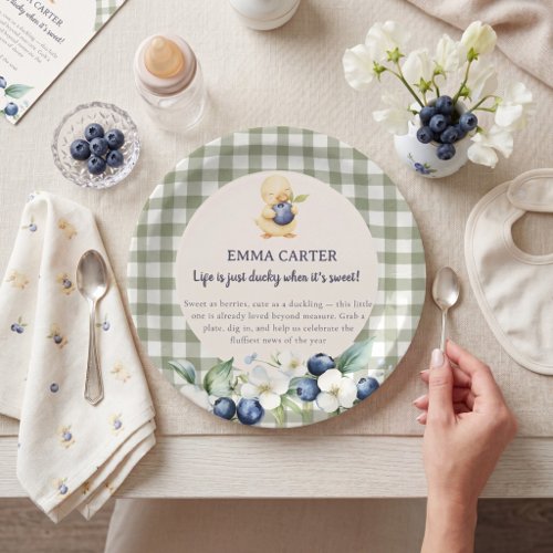 Sage Gingham Duckling Baby Shower Paper Plates