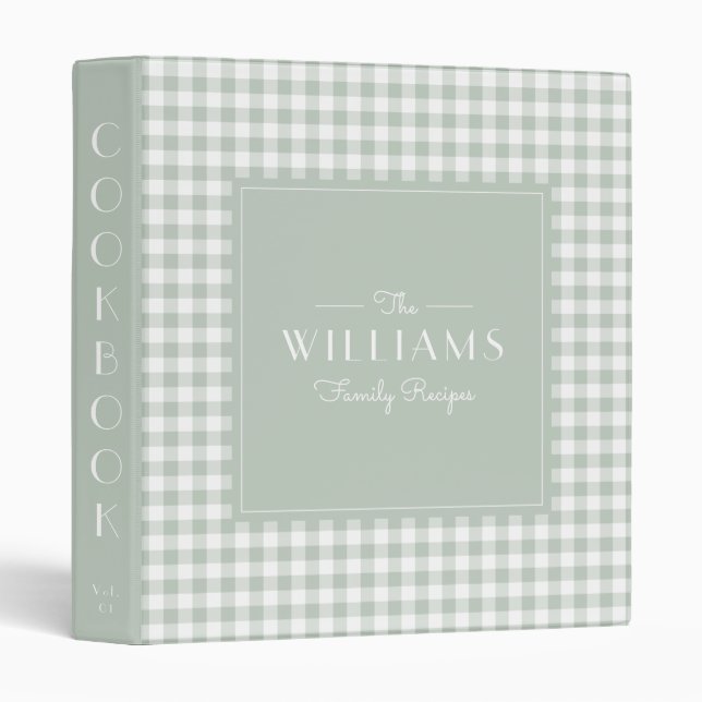 Sage Gingham Farmhouse Family Recipe Cookbook 3 Ring Binder (Front/Spine)