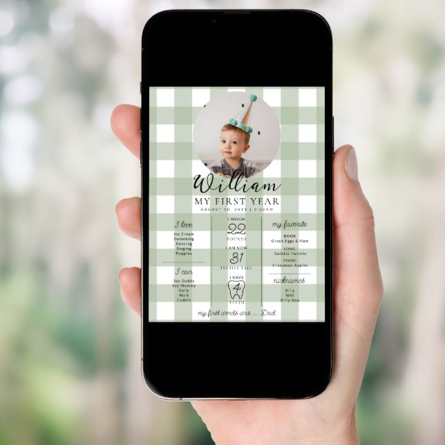 Sage Gingham First Birthday Milestone Timeline Poster (Front Digital)