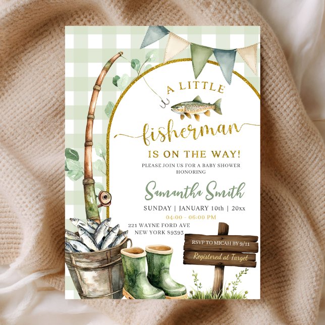Sage Gingham Fisherman baby shower Invitation (Creator Uploaded)