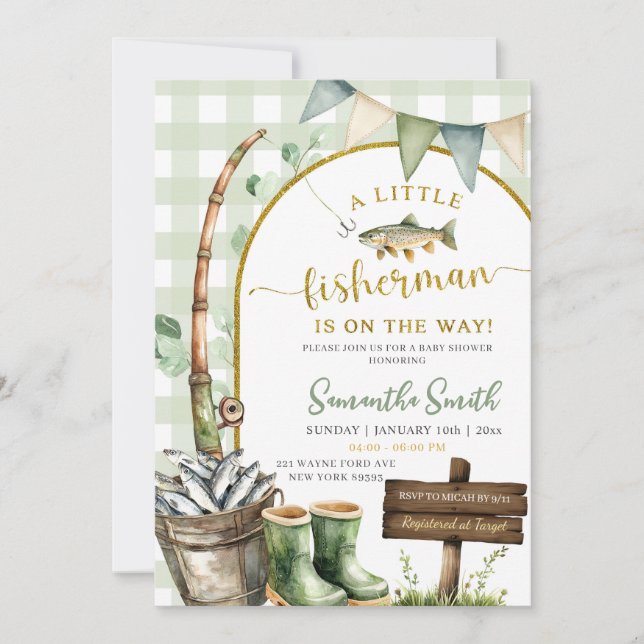 Sage Gingham Fisherman baby shower Invitation (Front)