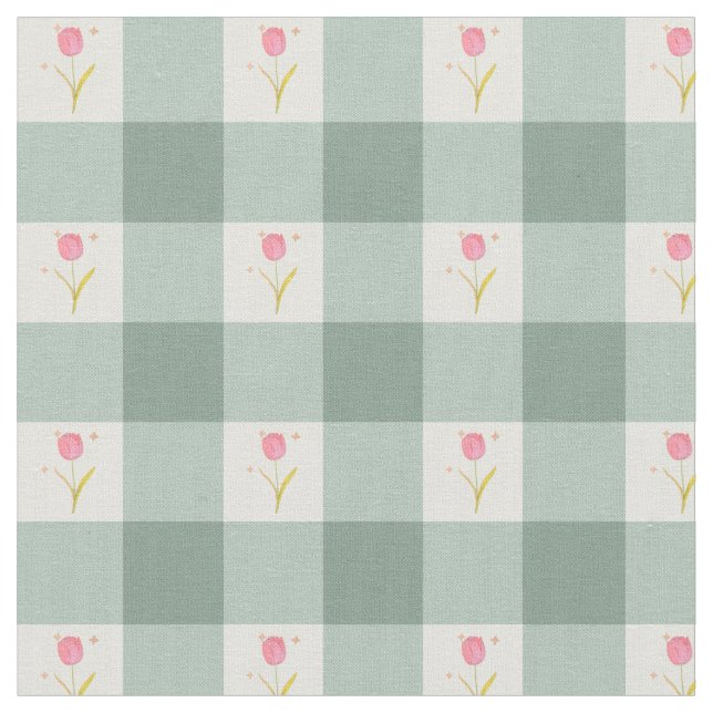 Sage Gingham Floral Fabric by the Yard (Close Up)