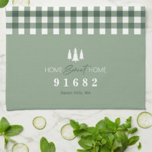 Sage Gingham Home Sweet Home Custom Zip Code Kitchen Towel