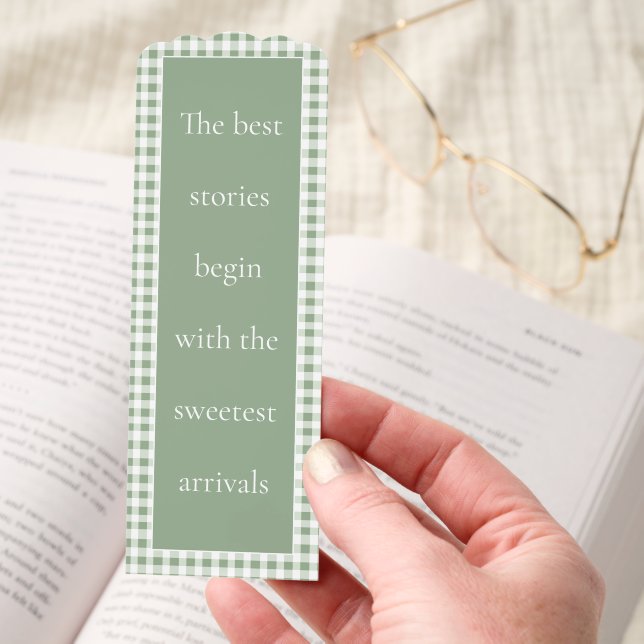 Sage Gingham inspirational Quote Baby Shower Favor Bookmarks (Hand)