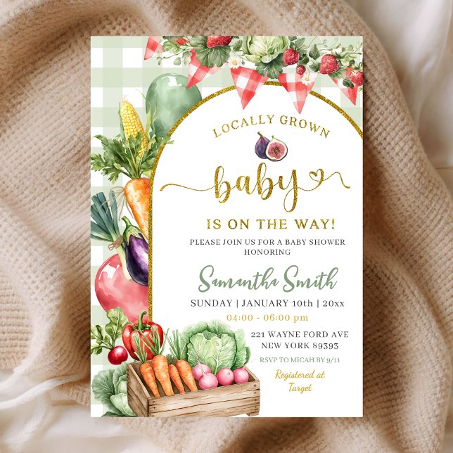Sage Gingham locally grown vegetables baby shower Invitation (Creator Uploaded)