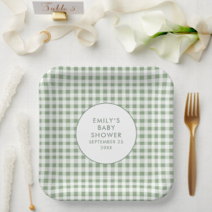 Sage Gingham Name Locally Grown Baby Shower Paper Plates