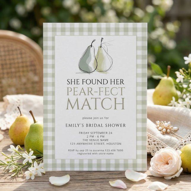 Sage Gingham Pears Pear-fect Match Bridal Shower Invitation (Creator Uploaded)