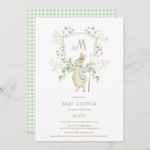 Sage Gingham Peter the Rabbit Monogram Baby Shower Invitation