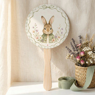 Sage Gingham Rabbit Baby Shower Hand Fan