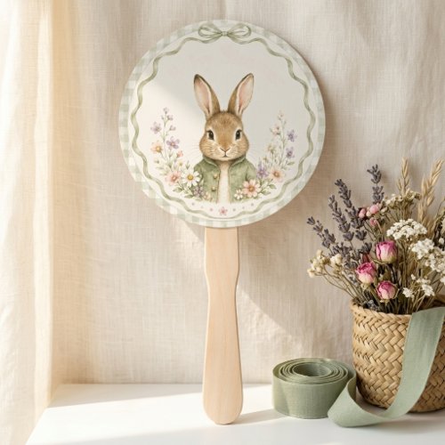 Sage Gingham Rabbit Baby Shower Hand Fan