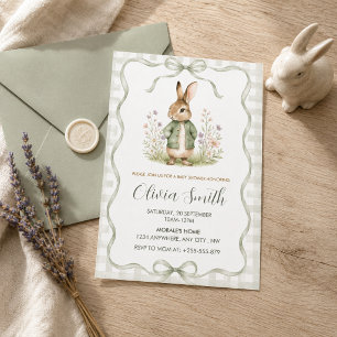 Sage Gingham Rabbit Baby Shower Invitation