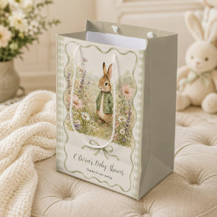 Sage Gingham Rabbit Baby Shower Medium Gift Bag