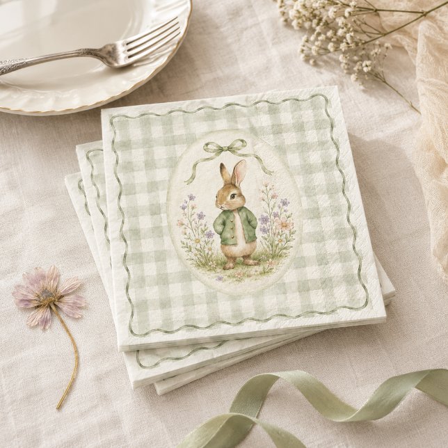 Sage Gingham Rabbit Baby Shower Napkins (Creator Uploaded)