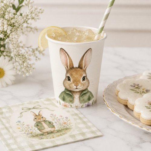 Sage Gingham Rabbit Baby Shower Paper Cups