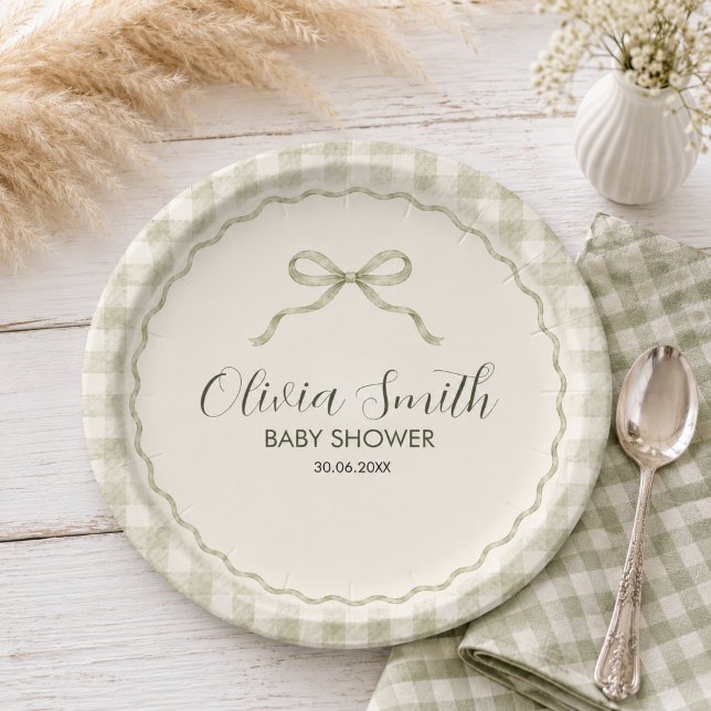 Sage Gingham Rabbit Baby Shower Paper Plates (Creator Uploaded)