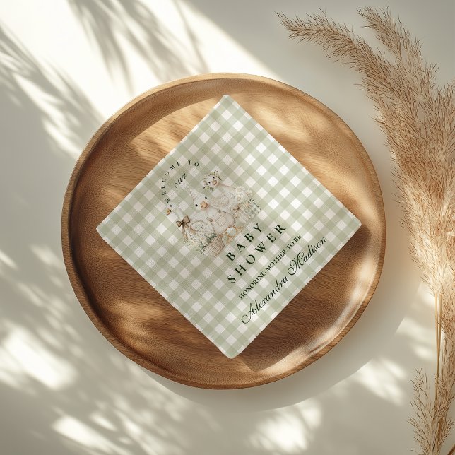 Sage Gingham Silly Goose Baby Shower Napkins (Creator Uploaded)