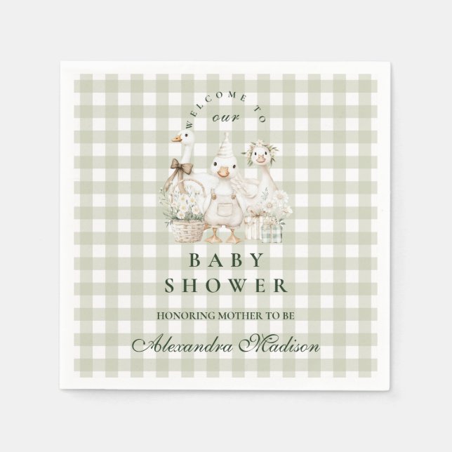 Sage Gingham Silly Goose Baby Shower Napkins (Front)