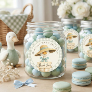 Sage Gingham Silly Goose Thank You Baby Shower  Classic Round Sticker