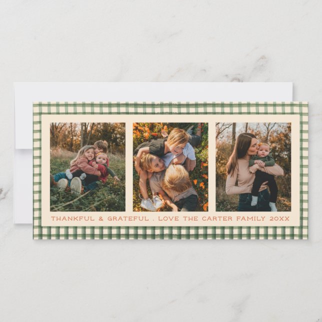 Sage Gingham Thankful Photo Holiday Card (Front)