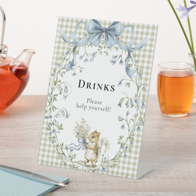 Sage Gingham Woodland Squirrel Baby Shower Drinks  Pedestal Sign (In SItu)