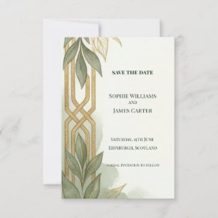 Sage Gold Art Deco Botanical Save The Date Card
